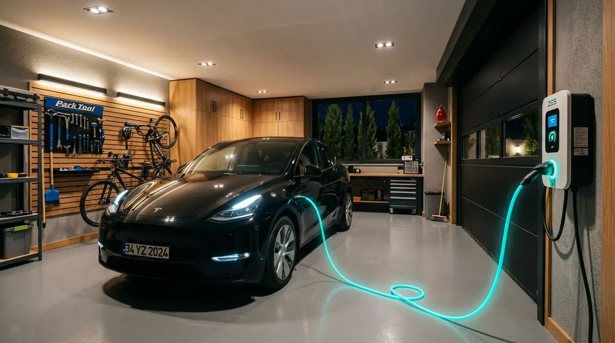 Modern bir evin garajında duvara monte şarj cihazıyla şarj olan elektrikli araç